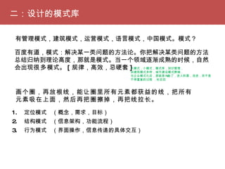 二：设计的模式库 1. 　定位模式　（概念，需求，目标） 2. 　结构模式　（信息架构，功能流程）　 3. 　行为模式　（界面操作，信息传递的具体交互）　 有管理模式，建筑模式，运营模式，语言模式，中国模式。模式？ 百度有道，模式：解决某一类问题的方法论。你把解决某类问题的方法总结归纳到理论高度，那就是模式。当一个领域逐渐成熟的时候，自然会出现 很多 模式。 [ 规律，高效，忌硬套 ] 大模式，小模式，模式库，知识管理， 如建筑模式多种，城市建设模式弊端， 当企业模式化后，那就是 NB 了，进入积累，改进，而不是不停重复的过程 ，杜拉拉 画个圈，再放根线，能让圈里所有元素都获益的线，把所有元素吸在上面，然后再把圈擦掉，再把线拉长。 
