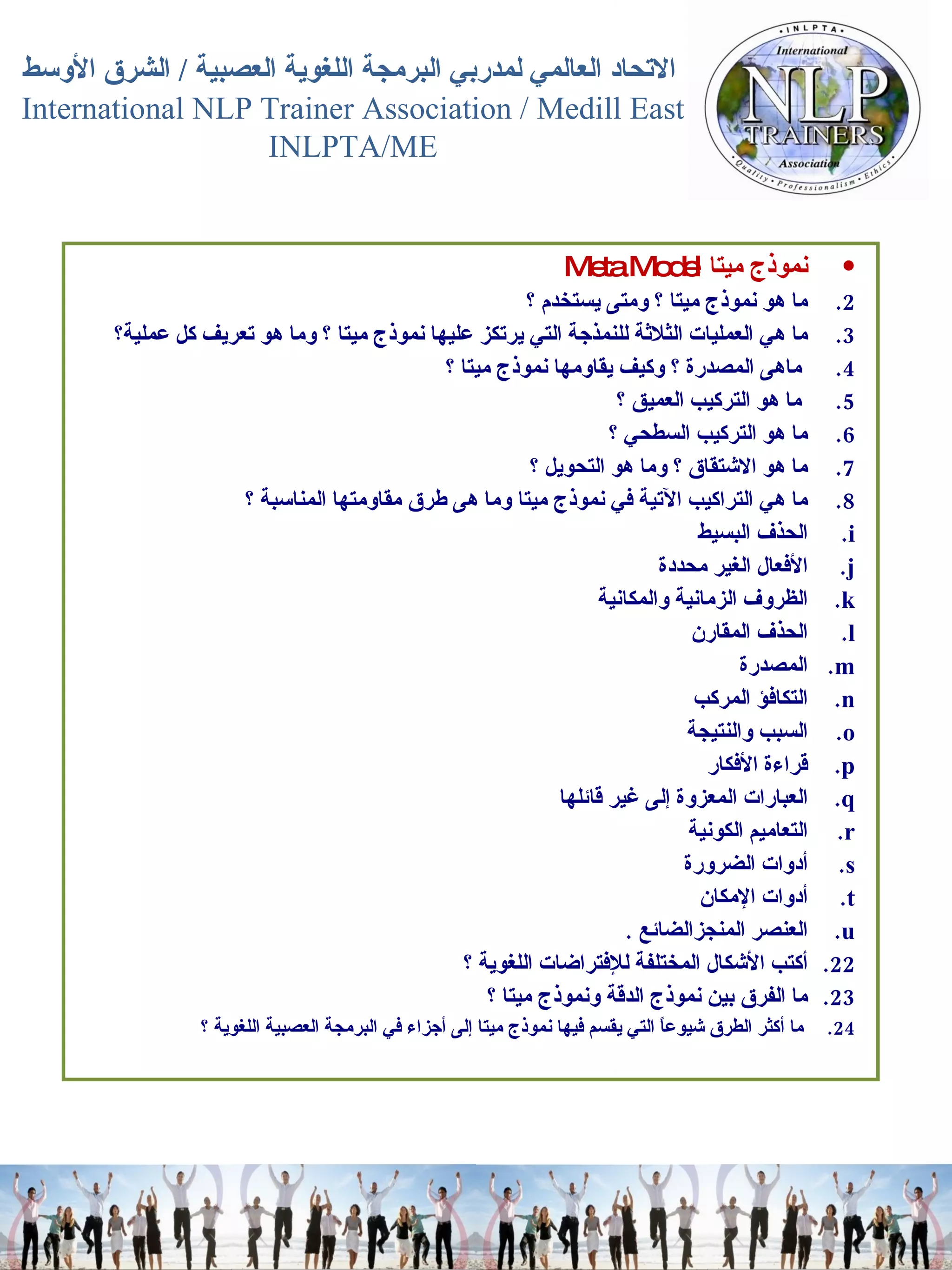 نموذج ميتا   Meta Model  ما هو نموذج ميتا ؟ ومتى يستخدم ؟  ما هي العمليات الثلاثة للنمذجة التي يرتكز عليها نموذج ميتا ؟ وما هو تعريف كل عملية؟  ماهى المصدرة ؟ وكيف يقاومها نموذج ميتا ؟  ما هو التركيب العميق ؟  ما هو التركيب السطحي ؟  ما هو الاشتقاق ؟ وما هو التحويل ؟  ما هي التراكيب الآتية في نموذج ميتا وما هى طرق مقاومتها المناسبة ؟  الحذف البسيط  الأفعال الغير محددة  الظروف الزمانية والمكانية  الحذف المقارن  المصدرة  التكافؤ المركب  السبب والنتيجة  قراءة الأفكار  العبارات المعزوة إلى غير قائلها  التعاميم الكونية  أدوات الضرورة  أدوات الإمكان  العنصر المنجزالضائع   .  أكتب الأشكال المختلفة للإفتراضات اللغوية ؟  ما الفرق بين نموذج الدقة ونموذج ميتا ؟  ما أكثر الطرق شيوعاً التي يقسم فيها نموذج ميتا إلى أجزاء في البرمجة العصبية اللغوية ؟  