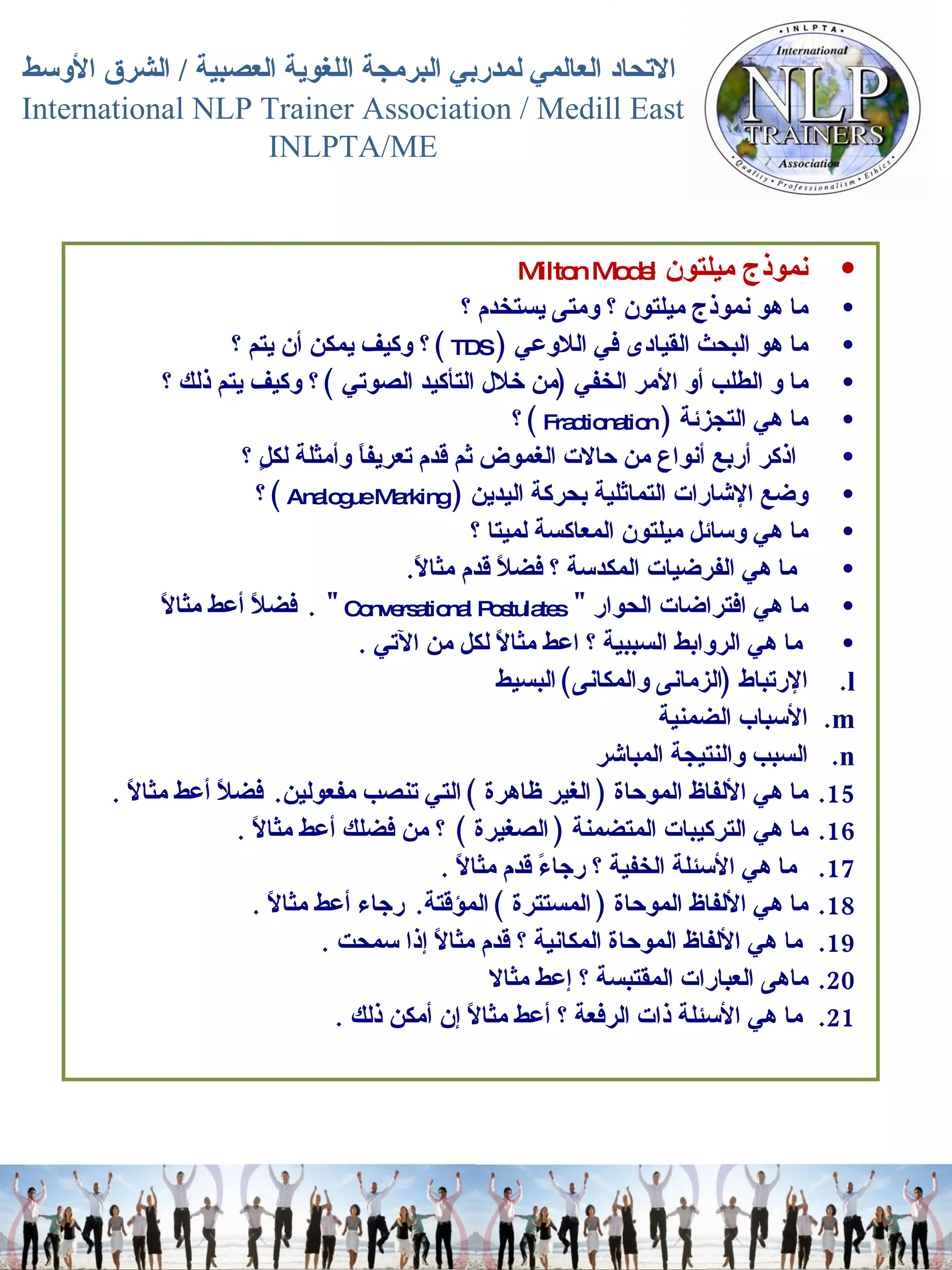 نموذج ميلتون   Milton Model  ما هو نموذج ميلتون ؟ ومتى يستخدم ؟  ما هو البحث القيادى في اللاوعي   (  TDS   )  ؟ وكيف يمكن أن يتم ؟  ما و الطلب أو الأمر الخفي  ( من خلال التأكيد الصوتي  )  ؟ وكيف يتم ذلك ؟  ما هي التجزئة   (  Fractionation   )  ؟  اذكر أربع أنواع من حالات الغموض ثم قدم تعريفاً وأمثلة لكلٍ ؟  وضع الإشارات التماثلية بحركة اليدين   (  Analogue Marking  )  ؟  ما هي وسائل ميلتون المعاكسة لميتا ؟  ما هي الفرضيات المكدسة ؟ فضلاً قدم مثالاً .  ما هي افتراضات الحوار   "  Conversational Postulates  " .  فضلاً أعط مثالاً  ما هي الروابط السببية ؟ اعط مثالاً لكل من الآتي   .  الإرتباط  ( الزمانى والمكانى )  البسيط  الأسباب الضمنية  السبب والنتيجة المباشر  ما هي الألفاظ الموحاة  (  الغير ظاهرة  )  التي تنصب مفعولين .  فضلاً أعط مثالاً   .  ما هي التركيبات المتضمنة  (  الصغيرة  )  ؟ من فضلك أعط مثالاً   .  ما هي الأسئلة الخفية ؟ رجاءً قدم مثالاً   .  ما هي الألفاظ الموحاة  (  المستترة  )  المؤقتة .  رجاء أعط مثالاً   .  ما هي الألفاظ الموحاة المكانية ؟ قدم مثالاً إذا سمحت   .  ماهى العبارات المقتبسة ؟ إعط مثالا  ما هي الأسئلة ذات الرفعة ؟ أعط مثالاً إن أمكن ذلك   .  