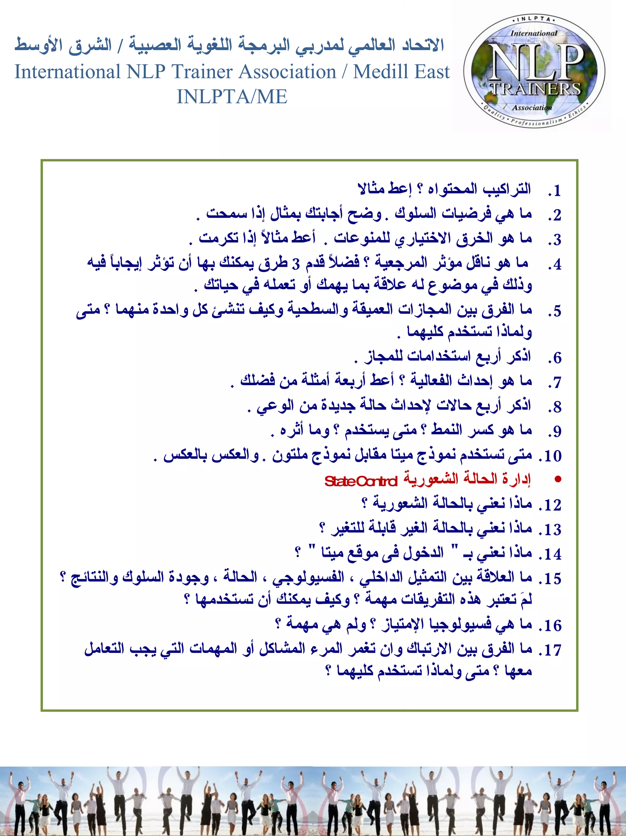 التراكيب المحتواه ؟ إعط مثالا  ما هي فرضيات السلوك  .  وضح أجابتك بمثال إذا سمحت   .  ما هو الخرق الاختياري للمنوعات  .  أعط مثالاً إذا تكرمت   .  ما هو ناقل مؤثر المرجعية ؟ فضلاً قدم  3  طرق يمكنك بها أن تؤثر إيجاباً فيه وذلك في موضوع له علاقة بما يهمك أو تعمله في حياتك   .  ما الفرق بين المجازات العميقة والسطحية وكيف تنشئ كل واحدة منهما ؟ متى ولماذا تستخدم كليهما   .  اذكر أربع استخدامات للمجاز   .  ما هو إحداث الفعالية ؟ أعط أربعة أمثلة من فضلك   .  اذكر أربع حالات لإحداث حالة جديدة من الوعي   .  ما هو كسر النمط ؟ متى يستخدم ؟ وما أثره   .  متى تستخدم نموذج ميتا مقابل نموذج ملتون   .  والعكس بالعكس   .  إدارة الحالة الشعورية   State Control  ماذا نعني بالحالة الشعورية ؟  ماذا نعني بالحالة الغير قابلة للتغير ؟  ماذا نعني بـ  "  الدخول فى موقع ميتا  "  ؟  ما العلاقة بين التمثيل الداخلي ، الفسيولوجي ، الحالة ، وجودة السلوك والنتائج ؟ لمَ تعتبر هذه التفريقات مهمة ؟ وكيف يمكنك أن تستخدمها ؟  ما هي فسيولوجيا الإمتياز ؟ ولم هي مهمة ؟  ما الفرق بين الارتباك وان تغمر المرء المشاكل أو المهمات التي يجب التعامل معها ؟ متى ولماذا تستخدم كليهما ؟  