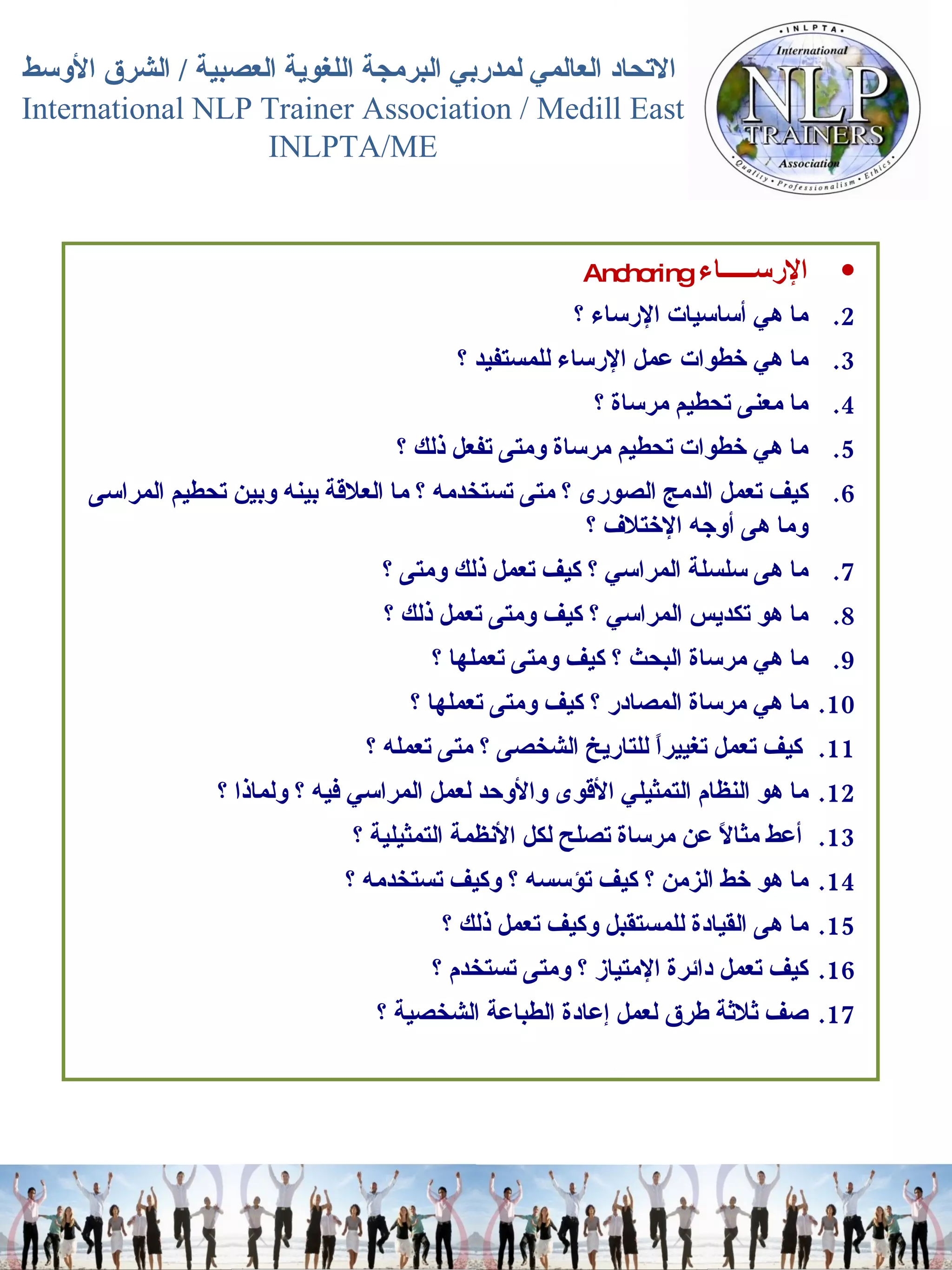 الإرســـــاء   Anchoring  ما هي أساسيات الإرساء ؟  ما هي خطوات عمل الإرساء للمستفيد ؟  ما معنى تحطيم مرساة ؟  ما هي خطوات تحطيم مرساة ومتى تفعل ذلك ؟  كيف تعمل الدمج الصورى ؟ متى تستخدمه ؟ ما العلاقة بينه وبين تحطيم المراسى وما هى أوجه الإختلاف ؟  ما هى سلسلة المراسي ؟ كيف تعمل ذلك ومتى ؟  ما هو تكديس المراسي ؟ كيف ومتى تعمل ذلك ؟  ما هي مرساة البحث ؟ كيف ومتى تعملها ؟  ما هي مرساة المصادر ؟ كيف ومتى تعملها ؟  كيف تعمل تغييراً للتاريخ الشخصى ؟ متى تعمله ؟  ما هو النظام التمثيلي الأقوى والأوحد لعمل المراسي فيه ؟ ولماذا ؟  أعط مثالاً عن مرساة تصلح لكل الأنظمة التمثيلية ؟  ما هو خط الزمن ؟ كيف تؤسسه ؟ وكيف تستخدمه ؟  ما هى القيادة للمستقبل وكيف تعمل ذلك ؟  كيف تعمل دائرة الإمتياز ؟ ومتى تستخدم ؟  صف ثلاثة طرق لعمل إعادة الطباعة الشخصية ؟  