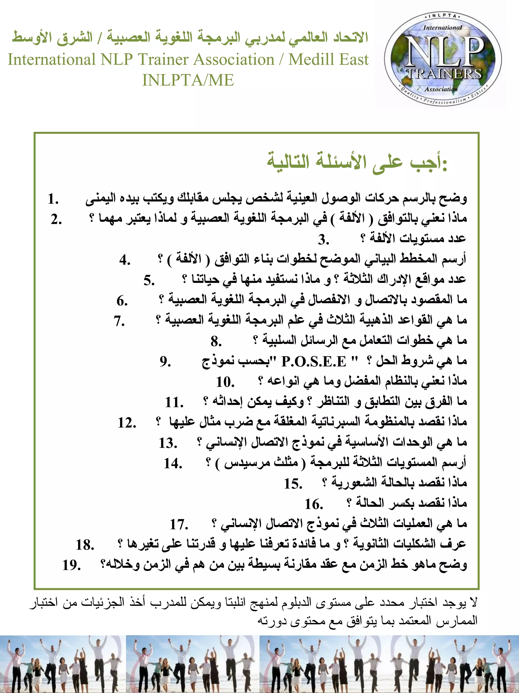 وضح  ب الرسم حركات الوصول العينية لشخص يجلس مقابلك ويكتب   بيده اليمنى  ماذا نعني بالتوافق  (  الألفة  )  في البرمجة اللغوية العصبية و لماذا يعتبر مهم ا  ؟  عدد مستويات الألفة ؟  أرسم  المخطط  البياني الموضح لخطوات بناء التوافق  (  الألفة  )  ؟  عدد مواقع الإدراك الثلاثة ؟ و ماذا نستفيد منها في حياتنا ؟  ما المقصود بالاتصال و الانفصال في البرمجة اللغوية العصبية ؟  ما هي القواعد الذهبية الثلاث في علم البرمجة اللغوية العصبية ؟  ما هي خطوات التعامل مع الرسائل السلبية ؟  بحسب نموذج  "  P.O.S.E.E "  ما هي شروط الحل ؟  ماذا نعني بالنظام المفضل  وما هي انواعه  ؟  ما الفرق بين التطابق و التناظر ؟ وكيف يمكن إحداثه ؟  ماذا نقصد  بالمنظومة السبرناتية المغلقة مع ضرب مثال عليها  ؟  ما هي الوحدات الأساسية في نموذج الاتصال الإنساني ؟  أرسم المستويات الثلاثة للبرمجة  (  مثلث مرسيدس  )  ؟  ماذا نقصد بالحالة الشعورية ؟  ماذا نقصد بكسر الحالة ؟  ما هي العمليات الثلاث في نموذج الاتصال الإنساني ؟  عرف الشكليات الثانوية ؟ و ما فائدة تعرفنا عليها و قدرتنا على تغيرها ؟  وضح ماهو خط الزمن مع ع قد مقارنة بسيطة بين من هم في الزمن  وخلاله؟ أ جب على الأسئلة التالية  :  