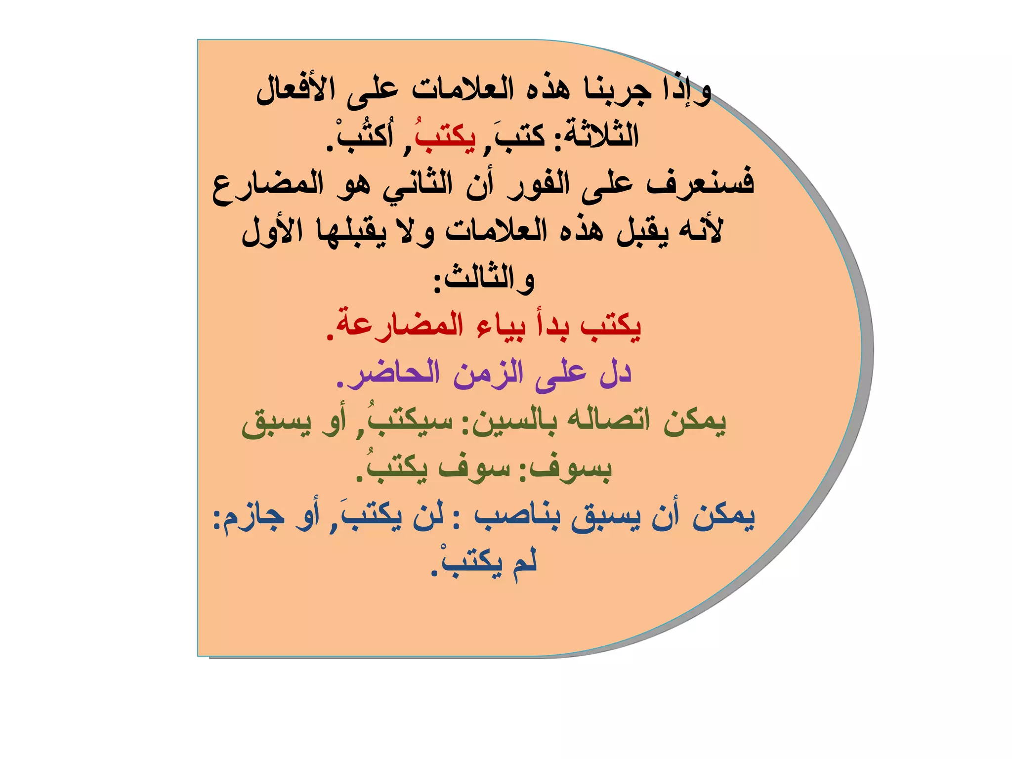 وإذا جربنا هذه العلامات على الأفعال الثلاثة :  كتبَ ,  يكتبُ ,  اُكتُبْ . فسنعرف على الفور أن الثاني هو المضارع لأنه يقبل هذه العلامات ولا يقبلها الأول والثالث : يكتب بدأ بياء المضارعة . دل على الزمن الحاضر . يمكن اتصاله بالسين :  سيكتبُ ,  أو يسبق بسوف :  سوف يكتبُ . يمكن أن يسبق بناصب   :  لن يكتبَ ,  أو جازم :  لم يكتبْ . 