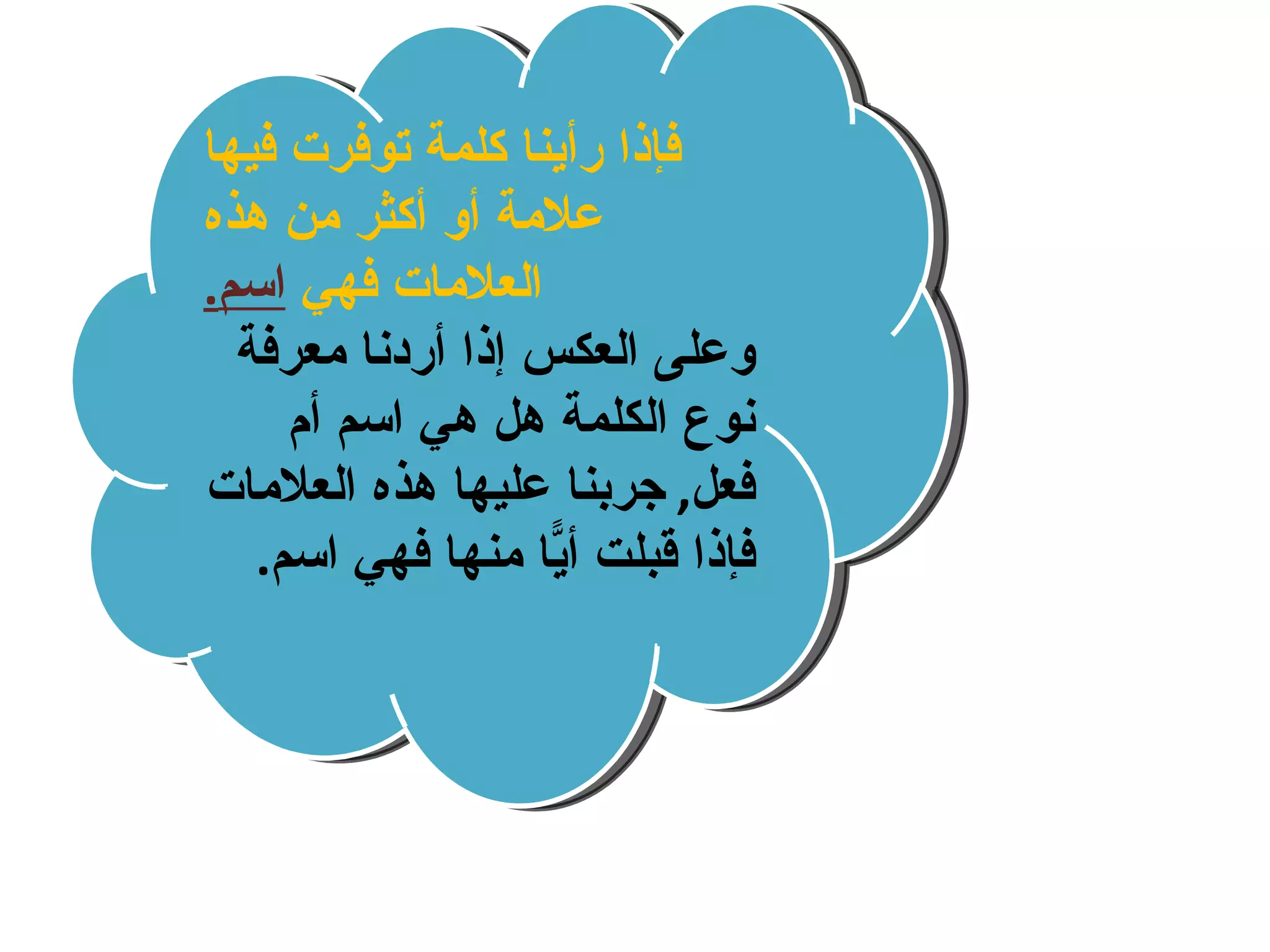 فإذا رأينا كلمة توفرت فيها علامة أو أكثر من هذه العلامات فهي  اسم . وعلى العكس إذا أردنا معرفة نوع الكلمة هل هي اسم أم فعل ,  جربنا عليها هذه العلامات فإذا قبلت أيًّا منها فهي اسم . 