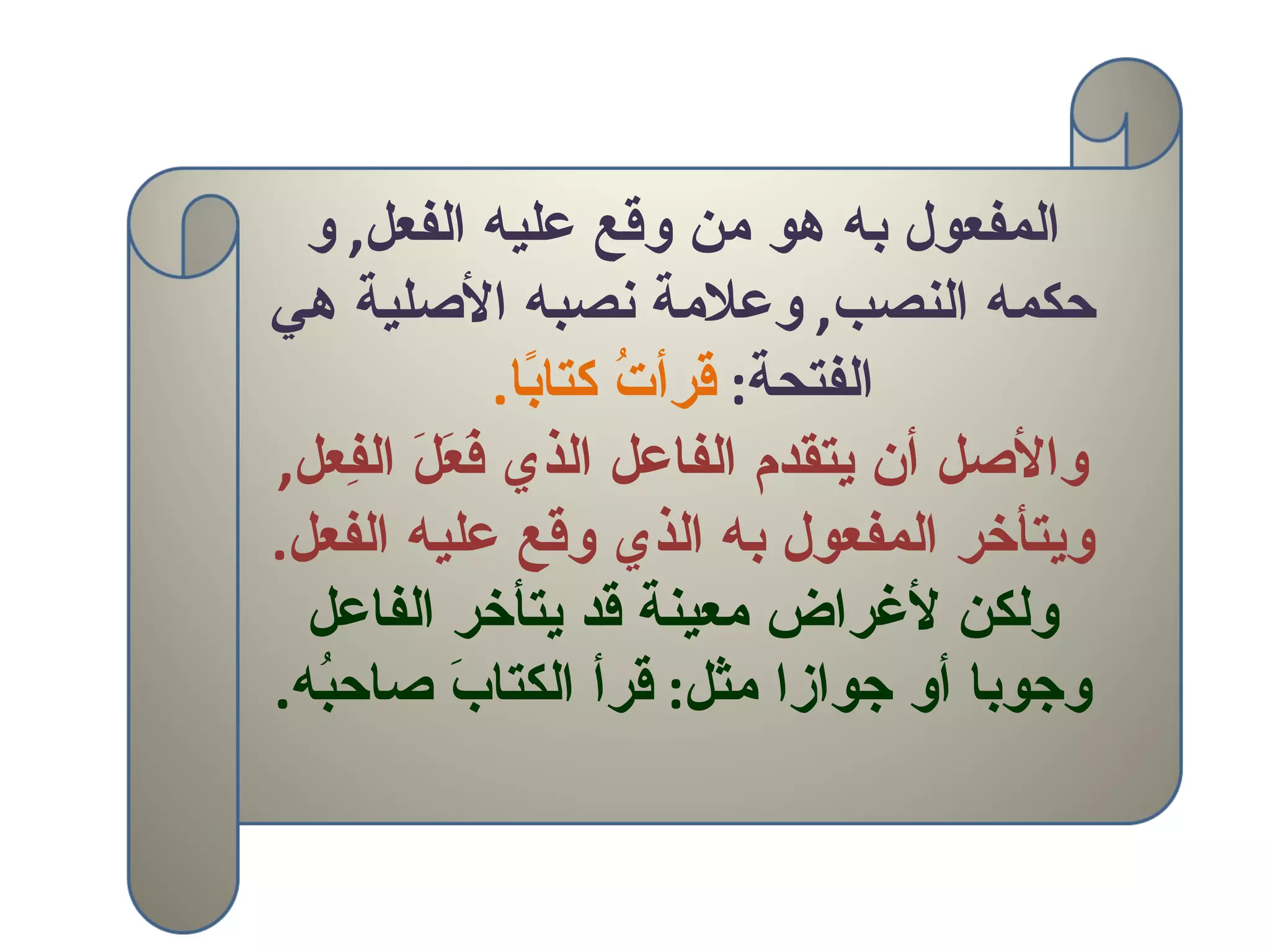 المفعول به هو من وقع عليه الفعل ,  و حكمه النصب ,  وعلامة نصبه الأصلية هي الفتحة :  قرأتُ كتابًا . والأصل أن يتقدم الفاعل الذي فَعَلَ الفِعل ,  ويتأخر المفعول به الذي وقع عليه الفعل .  ولكن لأغراض معينة قد يتأخر الفاعل وجوبا أو جوازا مثل :  قرأ الكتابَ صاحبُه . 
