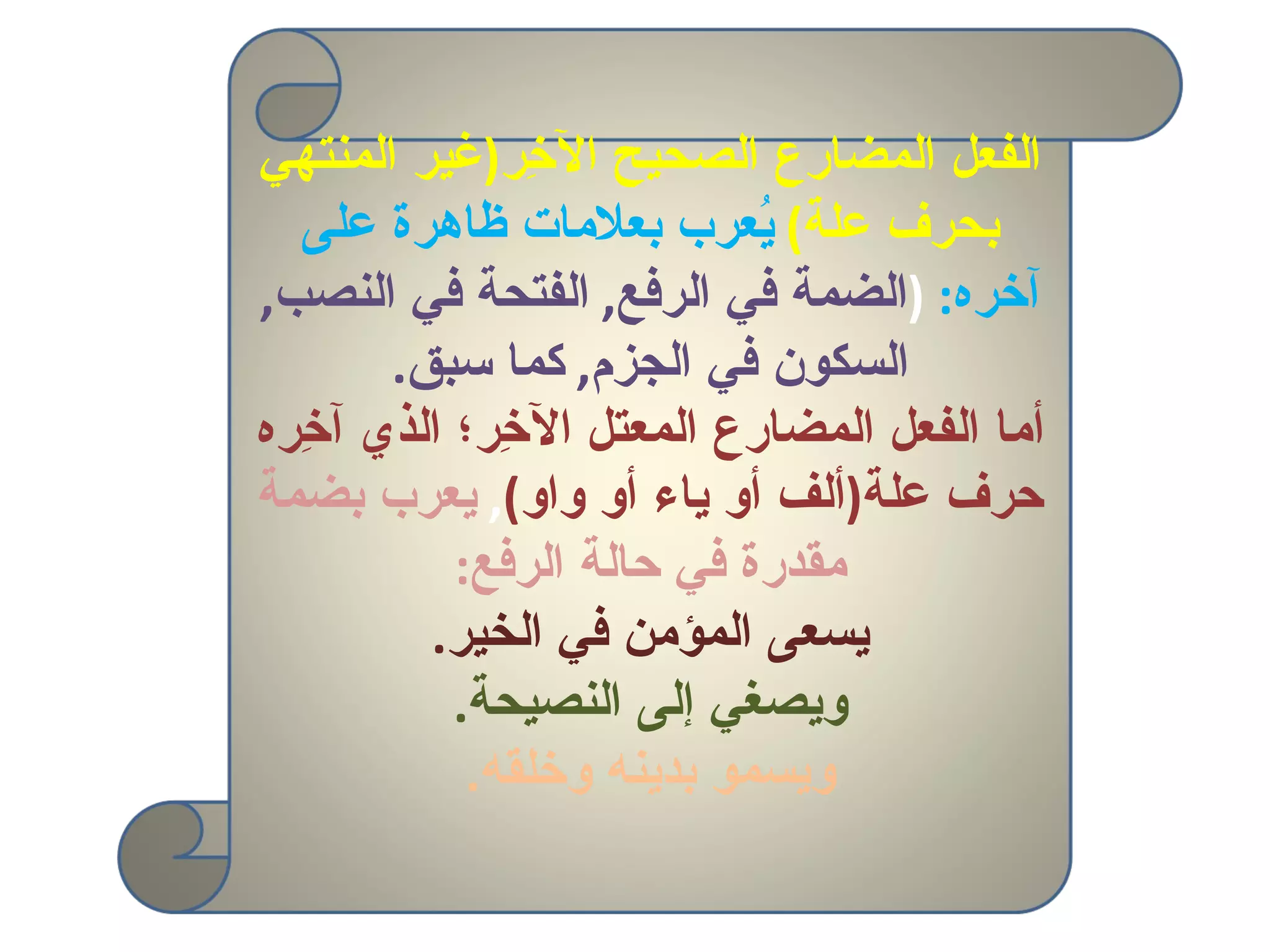 الفعل المضارع الصحيح الآخِر ( غير المنتهي بحرف علة )   يُعرب بعلامات ظاهرة على آخره :  ( الضمة في الرفع ,  الفتحة في النصب ,  السكون في الجزم ,  كما سبق . أما الفعل المضارع المعتل الآخِر؛ الذي آخِره حرف علة ( ألف أو ياء أو واو ) ,   يعرب بضمة مقدرة في حالة الرفع : يسعى المؤمن في الخير . ويصغي إلى النصيحة . ويسمو بدينه وخلقه . 