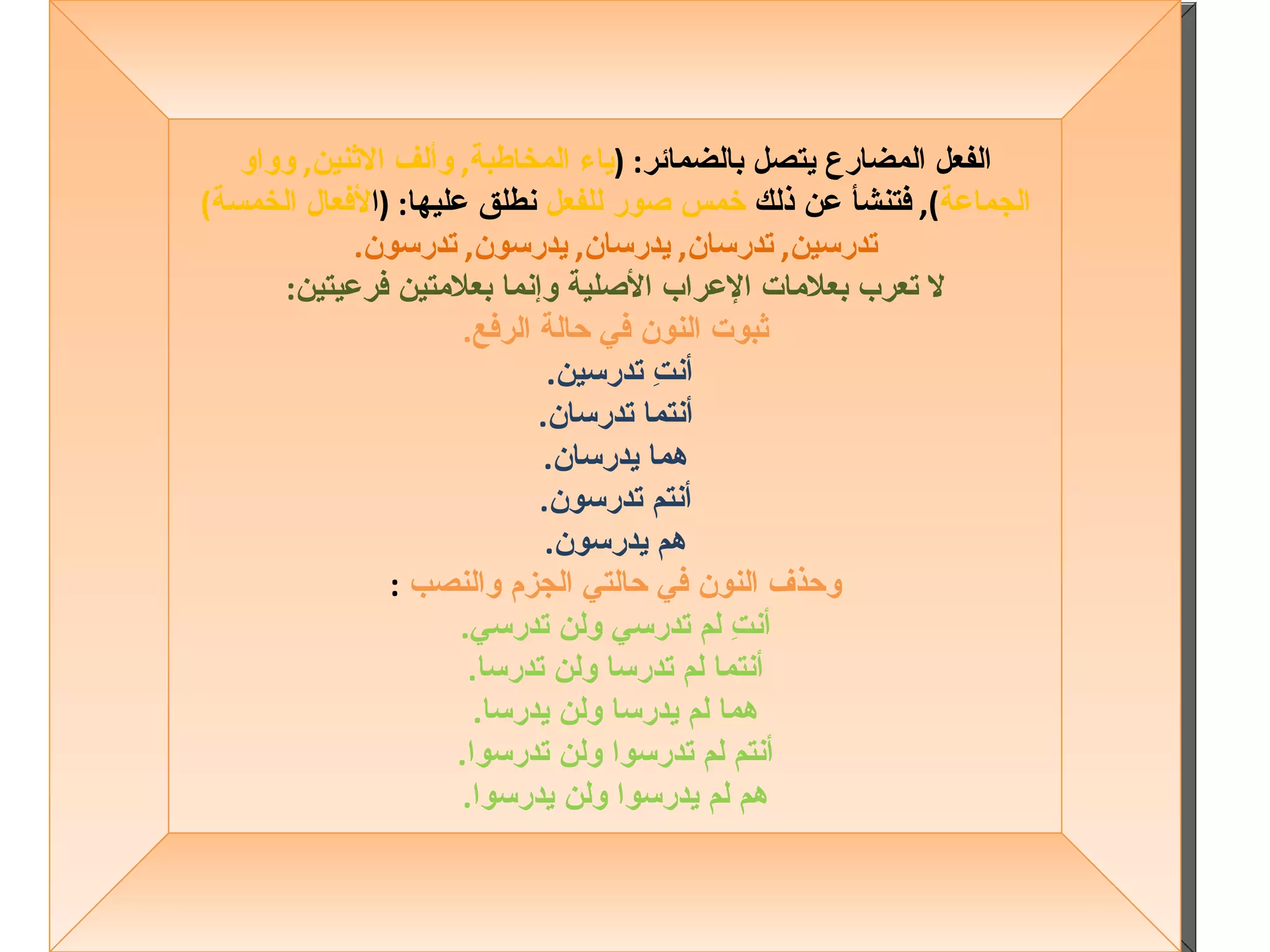 الفعل المضارع يتصل بالضمائر : ( ياء المخاطبة ,  وألف الاثنين ,  وواو الجماعة ),  فتنشأ عن ذلك  خمس صور للفعل  نطلق عليها : ( ا لأفعال الخمسة ) تدرسين ,  تدرسان ,  يدرسان ,  يدرسون ,  تدرسون . لا تعرب بعلامات الإعراب الأصلية وإنما بعلامتين فرعيتين : ثبوت النون في حالة الرفع . أنتِ تدرسين .  أنتما تدرسان . هما يدرسان . أنتم تدرسون . هم يدرسون . وحذف النون في حالتي الجزم والنصب   : أنتِ لم تدرسي ولن تدرسي . أنتما لم تدرسا ولن تدرسا . هما لم يدرسا ولن يدرسا . أنتم لم تدرسوا ولن تدرسوا . هم لم يدرسوا ولن يدرسوا . 