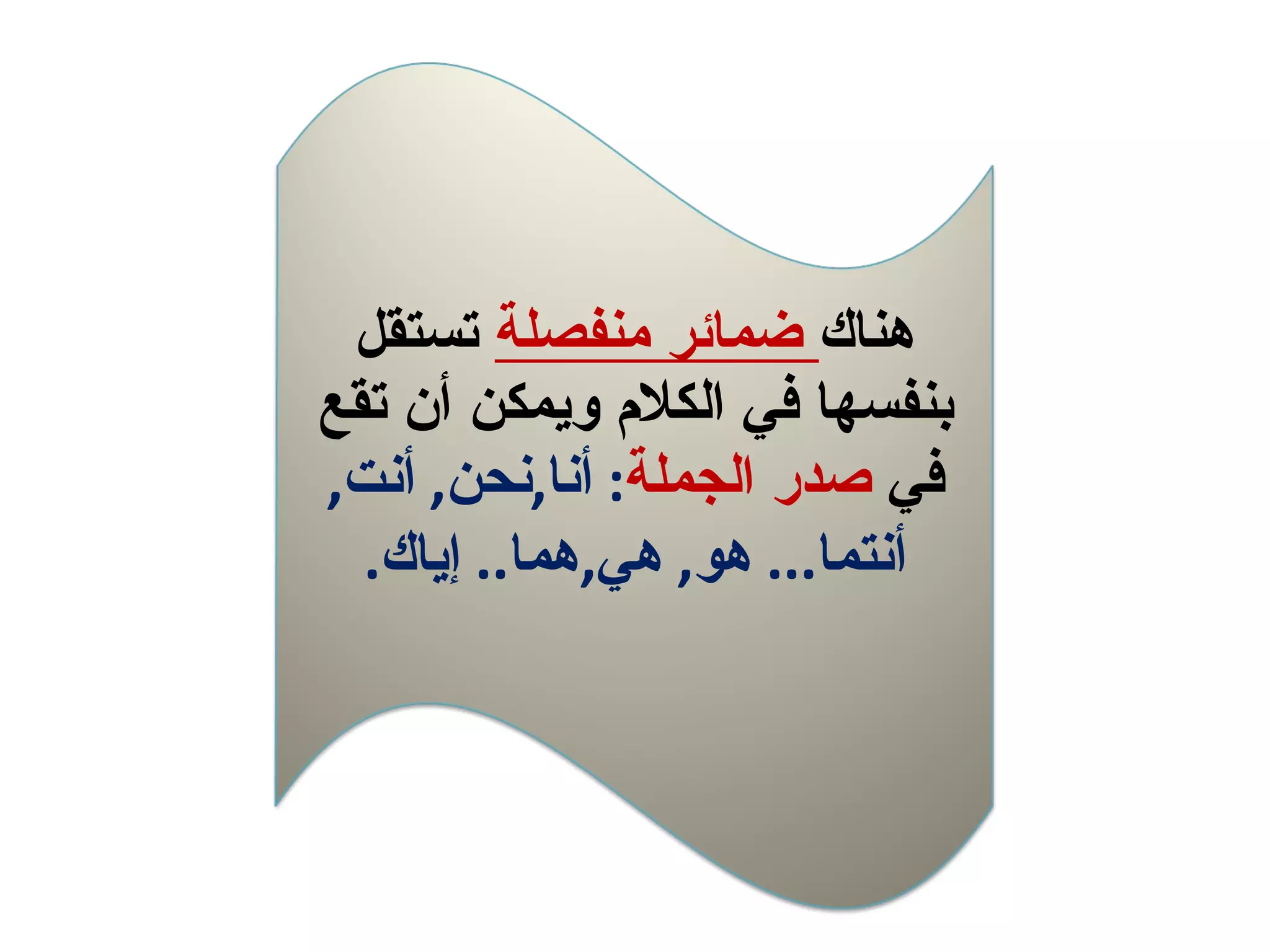 هناك  ضمائر منفصلة  تستقل بنفسها في الكلام ويمكن أن تقع في  صدر الجملة :  أنا , نحن ,  أنت ,  أنتما ...  هو ,  هي , هما ..  إياك . 