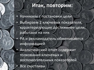 Итак, повторим: Начинаем с постановки цели Выбираем 2 ключевых показателя, характеризующие достижение цели, работаем на них РА и рекламодатель обмениваются информацией Аналитический отчет содержит толкование ключевых и воспомогательных показателей Все счастлив ы 