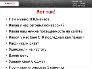 Вот так! Нам нужно  N  Клиентов Какая у нас сегодня конверсия? Какая нам нужна посещаемость на сайте? Какой у нас был  CTR  последней кампании? Рассчитали охват Умножили на частоту Взяли цену Узнали свой бюджет Посчитали стоимость 1 клиента 