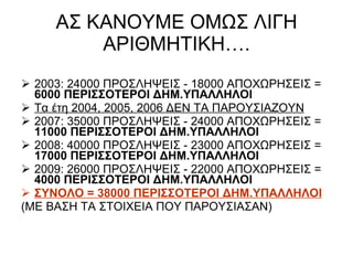 ΑΣ ΚΑΝΟΥΜΕ ΟΜΩΣ ΛΙΓΗ ΑΡΙΘΜΗΤΙΚΗ…. 2003: 24000 ΠΡΟΣΛΗΨΕΙΣ - 18000 ΑΠΟΧΩΡΗΣΕΙΣ =  6000 ΠΕΡΙΣΣΟΤΕΡΟΙ ΔΗΜ.ΥΠΑΛΛΗΛΟΙ Τα έτη 2004, 2005, 2006 ΔΕΝ ΤΑ ΠΑΡΟΥΣΙΑΖΟΥΝ 2007: 35000 ΠΡΟΣΛΗΨΕΙΣ - 24000 ΑΠΟΧΩΡΗΣΕΙΣ =  11000 ΠΕΡΙΣΣΟΤΕΡΟΙ ΔΗΜ.ΥΠΑΛΛΗΛΟΙ 2008: 40000 ΠΡΟΣΛΗΨΕΙΣ - 23000 ΑΠΟΧΩΡΗΣΕΙΣ =  17000 ΠΕΡΙΣΣΟΤΕΡΟΙ ΔΗΜ.ΥΠΑΛΛΗΛΟΙ 2009: 26000 ΠΡΟΣΛΗΨΕΙΣ - 22000 ΑΠΟΧΩΡΗΣΕΙΣ =  4000 ΠΕΡΙΣΣΟΤΕΡΟΙ ΔΗΜ.ΥΠΑΛΛΗΛΟΙ ΣΥΝΟΛΟ = 38000 ΠΕΡΙΣΣΟΤΕΡΟΙ ΔΗΜ.ΥΠΑΛΛΗΛΟΙ (ΜΕ ΒΑΣΗ ΤΑ ΣΤΟΙΧΕΙΑ ΠΟΥ ΠΑΡΟΥΣΙΑΣΑΝ) 