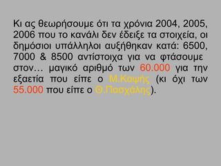 Κι ας θεωρήσουμε ότι τα χρόνια 2004, 2005, 2006 που το κανάλι δεν έδειξε τα στοιχεία, οι δημόσιοι υπάλληλοι αυξήθηκαν κατά: 6500, 7000 & 8500 αντίστοιχα για να φτάσουμε  στον… μαγικό αριθμό των  60.000  για την εξαετία που είπε ο  Μ.Καψής  (κι όχι των  55.000  που είπε ο  Θ.Πασχάλης ).   