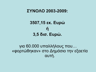 ΣΥΝΟΛΟ 2003-2009:  3507,15 εκ. Ευρώ  ή  3,5 δισ. Ευρώ.   για 60.000 υπαλλήλους που… «φορτώθηκαν» στο Δημόσιο την εξαετία αυτή. 