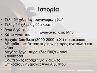 Ιστορία Τέλη 5 ης  χιλιετίας: οργανωμένη ζωή Τέλος 4 ης  χιλιετίας δύο κράτη  Άνω Αιγύπτου Κάτω Αιγύπτου Αρχαίο βασίλειο  (3000-2000 π.Χ.) πρωτεύουσα Μέμφιδα – επέκταση κυριαρχίας προς ανατολικά και νότια Μεγάλα έργα: πυραμίδες Γκίζα – ναοί - ανάκτορα Εσωτερικές ταραχές για 2 αιώνες Επικρατούν ηγεμόνες Άνω Αιγύπτου Ενώνονται από Μήνη 