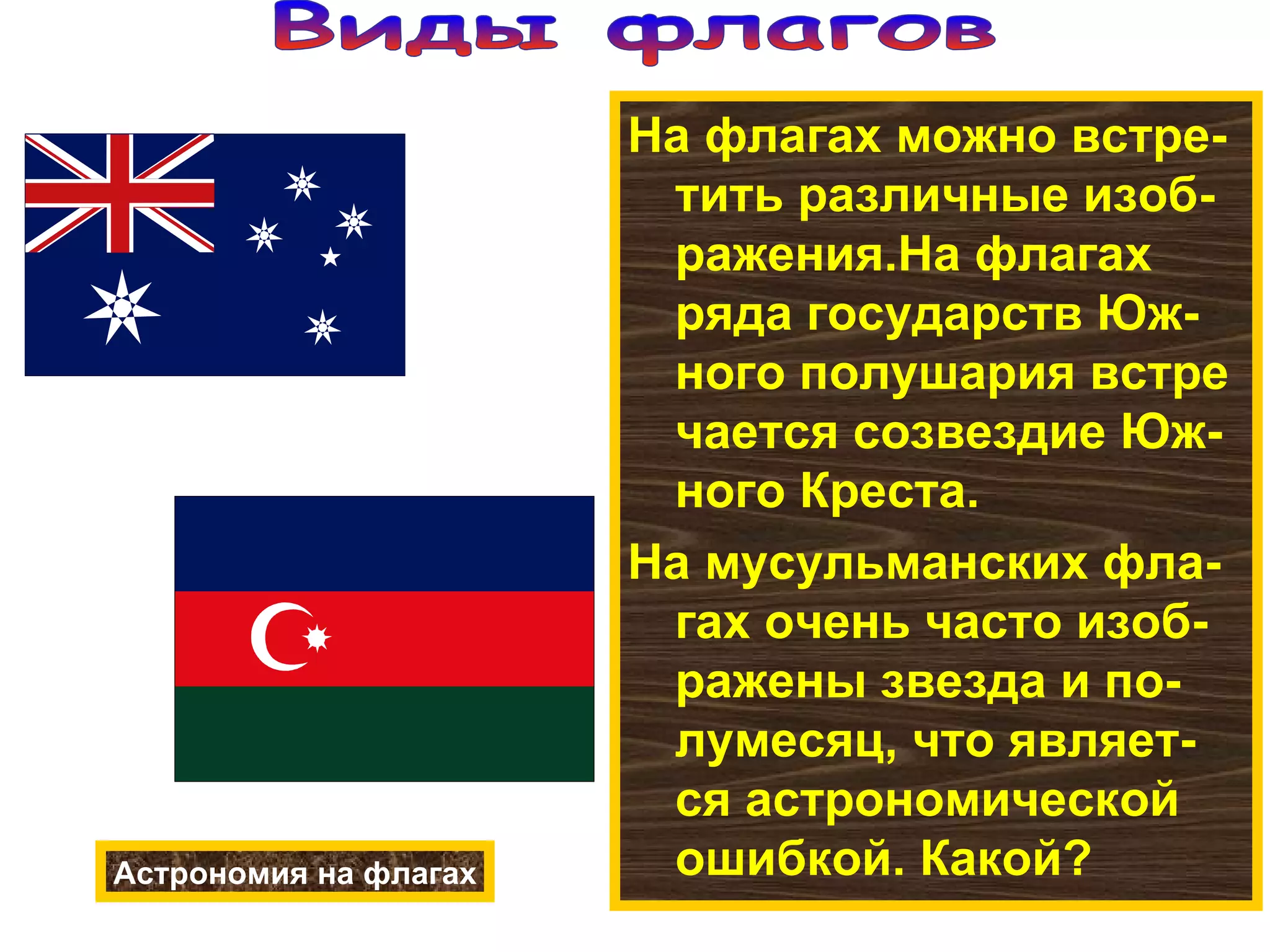 На флагах можно встре- тить различные изоб-ражения.На флагах ряда государств Юж-ного полушария встре чается созвездие Юж-ного Креста. На мусульманских фла-гах очень часто изоб-ражены звезда и по-лумесяц, что являет-ся астрономической ошибкой. Какой?  Астрономия на флагах Виды флагов 