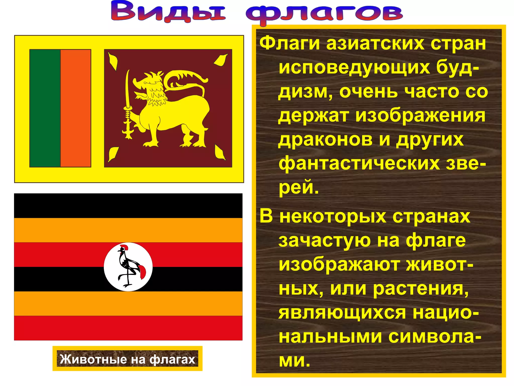 Флаги азиатских стран исповедующих буд-дизм, очень часто со держат изображения драконов и других фантастических зве-рей. В некоторых странах зачастую на флаге изображают живот-ных, или растения, являющихся нацио-нальными символа-ми.  Животные на флагах Виды флагов 