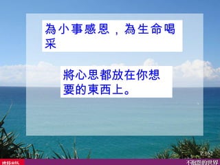 為小事感恩，為生命喝采   P.162 將心思都放在你想要的東西上。  
