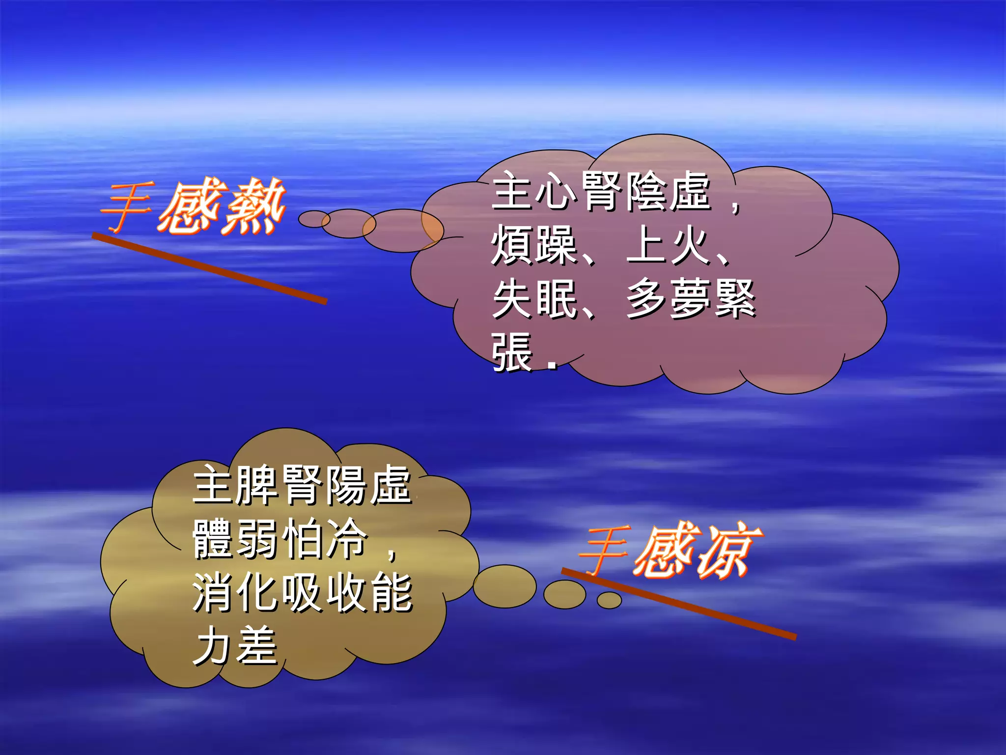 主心腎陰虛，煩躁、上火、失眠、多夢緊張 . 手感熱 手感凉 主脾腎陽虛。體弱怕冷，消化吸收能力差 