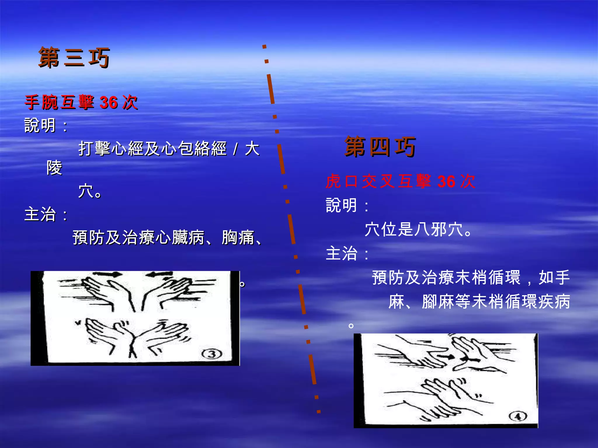 第三巧 手腕互擊 36 次 說明： 打擊心經及心包絡經／大陵 穴。 主治： 預防及治療心臟病、胸痛、  胸悶、紓解緊張的情緒。 第四巧 虎口交叉互擊 36 次 說明： 　  穴位是八邪穴。 主治： 　  預防及治療末梢循環，如手  麻、腳麻等末梢循環疾病。 