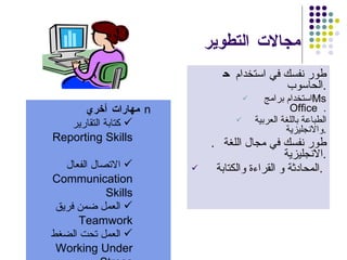 مجالات التطوير     طور نفسك في استخدام الحاسوب  . استخدام برامج  Ms Office  . الطباعة باللغة العربية والانجليزية .    طور نفسك في مجال اللغة الانجليزية  . المحادثة و القراءة والكتابة  .     مهارات أخري   كتابة التقارير  Reporting Skills  الاتصال الفعال  Communication Skills العمل ضمن فريق  Teamwork العمل تحت الضغط  Working Under Stress 