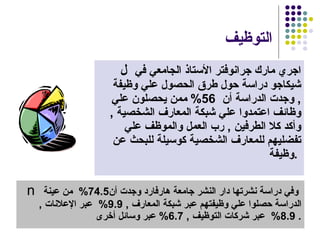 التوظيف      اجري مارك جرانوفتر الأستاذ الجامعي في شيكاجو دراسة حول طرق الحصول علي وظيفة  ,  وجدت الدراسة أن  56 %  ممن يحصلون علي وظائف اعتمدوا علي شبكة المعارف الشخصية  ,  وأكد كلا الطرفين  ,  رب العمل والموظف علي تفضليهم للمعارف الشخصية كوسيلة للبحث عن وظيفة  .      وفي دراسة نشرتها دار النشر جامعة هارفارد وجدت أن  74.5%  من عينة الدراسة حصلوا علي وظيفتهم عبر شبكة المعارف  ,  9.9%  عبر الإعلانات  ,  8.9%  عبر شركات التوظيف  ,  6.7%   عبر وسائل أخرى .  