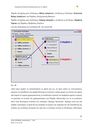 Εγχειρίδιο Κατασκευής Μικρόκοσμων με το Αβάκιο



Ψηφίδα «Ο χάρτης μου» Σύνδεσμος «Βάση Δεδομένων», συνδέεται με Σύνδεσμο «Εισαγωγή
Βάσης Δεδομένων» της Ψηφίδας «Επεξεργαστής Βάσεων»
Ψηφίδα «Ο χάρτης μου» Σύνδεσμος «Χάρτης (άποψη1) », συνδέεται με Σύνδεσμο «Προβολή
Χάρτη» της Ψηφίδας «Προβολέας Χαρτών»
(για μία επισκόπηση των συνδέσμων βλ. την εικόνα 40)




Εικ. 40
Αφού έχετε αρχίσει να κατασκευάζετε το χάρτη σας π.χ. να έχετε ορίσει τις συντεταγμένες
μπορείτε να προσθέσετε μία ψηφίδα Κινούμενη οντότητα η οποία μπορεί να κινείται στο χάρτη
από σημείο σε σημείο χρησιμοποιώντας το κατάλληλο εργαλείο του προβολέα χαρτών ή μπορεί
να ξεκινήσει να κινείται εάν χρησιμοποιήσετε μία Ψηφίδα «Χρονιστής» και να τη συνδέσετε
πάνω στην Κινούμενη οντότητα στο σύνδεσμο «Παλμός Χρονιστή». Χρήσιμο είναι και μία
ψηφίδα «Διάνυσμα» η οποία θα σας επιτρέπει να ορίζετε την ταχύτητα και την κατεύθυνση της
κίνησης της οντότητας δυναμικά την ώρα που η οντότητα κινείται (ο Σύνδεσμος «Διάνυσμα»



                                                                                      45

Έργο ΠΛΕΙΑΔΕΣ/ Χρυσαλλίδες, Γ΄ ΚΠΣ
ΕΑ.ΙΤΥ / Υπ.Ε.Π.Θ.
 