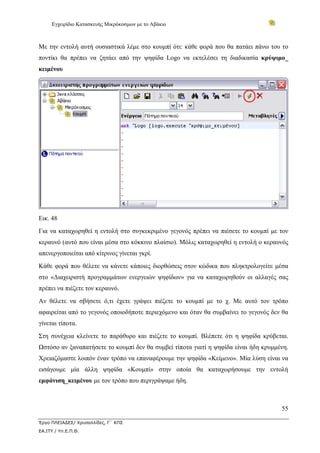 Εγχειρίδιο Κατασκευής Μικρόκοσμων με το Αβάκιο



Με την εντολή αυτή ουσιαστικά λέμε στο κουμπί ότι: κάθε φορά που θα πατάει πάνω του το
ποντίκι θα πρέπει να ζητάει από την ψηφίδα Logo να εκτελέσει τη διαδικασία κρύψιμο_
κειμένου




Εικ. 48
Για να καταχωρηθεί η εντολή στο συγκεκριμένο γεγονός πρέπει να πιέσετε το κουμπί με τον
κεραυνό (αυτό που είναι μέσα στο κόκκινο πλαίσιο). Μόλις καταχωρηθεί η εντολή ο κεραυνός
απενεργοποιείται από κίτρινος γίνεται γκρί.
Κάθε φορά που θέλετε να κάνετε κάποιες διορθώσεις στον κώδικα που πληκτρολογείτε μέσα
στο «Διαχειριστή προγραμμάτων ενεργειών ψηφίδων» για να καταχωρηθούν οι αλλαγές σας
πρέπει να πιέζετε τον κεραυνό.
Αν θέλετε να σβήσετε ό,τι έχετε γράψει πιέζετε το κουμπί με το χ. Με αυτό τον τρόπο
αφαιρείται από το γεγονός οποιοδήποτε περιεχόμενο και όταν θα συμβαίνει το γεγονός δεν θα
γίνεται τίποτα.
Στη συνέχεια κλείνετε το παράθυρο και πιέζετε το κουμπί. Βλέπετε ότι η ψηφίδα κρύβεται.
Ωστόσο αν ξαναπατήσετε το κουμπί δεν θα συμβεί τίποτα γιατί η ψηφίδα είναι ήδη κρυμμένη.
Χρειαζόμαστε λοιπόν έναν τρόπο να επαναφέρουμε την ψηφίδα «Κείμενο». Μία λύση είναι να
εισάγουμε μία άλλη ψηφίδα «Κουμπί» στην οποία θα καταχωρήσουμε την εντολή
εμφάνιση_κειμένου με τον τρόπο που περιγράψαμε ήδη.



                                                                                      55

Έργο ΠΛΕΙΑΔΕΣ/ Χρυσαλλίδες, Γ΄ ΚΠΣ
ΕΑ.ΙΤΥ / Υπ.Ε.Π.Θ.
 