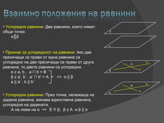 Успоредни равнини :  Две равнини, които нямат общи точки. α║ β Признак за успоредност на равнини :  Ако две пресичащи се прави от една равнина са успоредни на две пресичащи се прави от друга равнина, то двете равнини са успоредни. α   z a, b ,  a ∩ b = B β  z a’, b’ , a’ ∩ b’ = A  =>  α  ||  β a || a’ , b || b’ Успоредни равнини :  През точка, нележаща на дадена равнина, минава единствена равнина, успоредна на дадената. A  не лежи на   α   =>  Ǝ 1!  β ,  β  z A  и  β  ||  α 