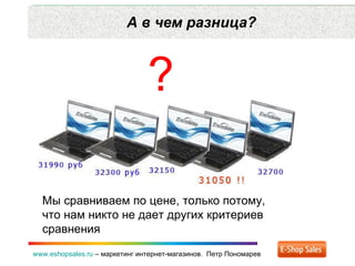 А в чем разница? www.eshopsales.ru  –  маркетинг интернет-магазинов.  Петр Пономарев ? Мы сравниваем по цене ,  только потому ,  что нам никто не дает других критериев сравнения 