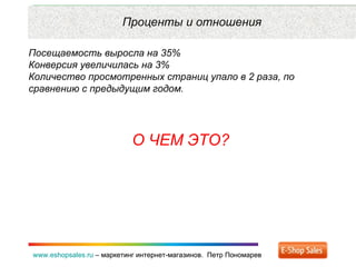Рекламные каналы и способ продаж www.eshopsales.ru  –  маркетинг интернет-магазинов.  Петр Пономарев www.eshopsales.ru  –  маркетинг интернет-магазинов.  Петр Пономарев Проценты и отношения Посещаемость выросла на 35% Конверсия увеличилась на 3% Количество просмотренных страниц упало в 2 раза ,  по сравнению с предыдущим годом.  О ЧЕМ ЭТО? 