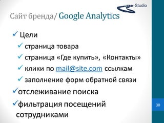 Сайт	
  бренда/ Google Analytics

 Цели
   страница  товара  
   страница  «Где  купить»,  «Контакты»
   клики  по  mail@site.com ссылкам
   заполнение  форм  обратной  связи
отслеживание  поиска
фильтрация  посещений                     30

 сотрудниками
 