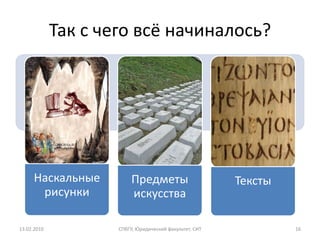Так с чего всё начиналось?




      Наскальные          Предметы                       Тексты
       рисунки            искусства

13.02.2010           СПбГУ, Юридический факультет, СИТ            16
 