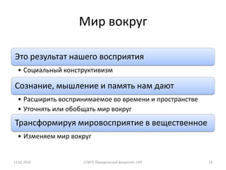 Мир вокруг

Это результат нашего восприятия
  • Социальный конструктивизм

Сознание, мышление и память нам дают
  • Расширить воспринимаемое во времени и пространстве
  • Уточнять или обобщать мир вокруг
Трансформируя мировосприятие в вещественное
  • Изменяем мир вокруг


13.02.2010           СПбГУ, Юридический факультет, СИТ   14
 