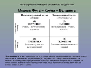 Интегрированные модели рекламного воздействия Модель  Фута – Коуна – Белдинга *Вовлеченность  можно определить как «состояние энергии, переживаемое человеком по поводу деятельности, связанной с потреблением (акт закупки)». Высокий уровень вовлеченности означает высокий уровень продуманности и сильную эмоциональную реакцию, в то время как низкий уровень вовлеченности наблюдается тогда, когда потребители вкладывают меньше энергии в свои мысли и чувства. 