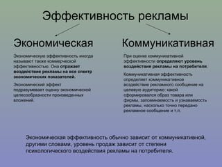Эффективность рекламы Экономическую эффективность иногда называют также коммерческой эффективностью. Она  отражает воздействие рекламы на все спектр экономических показателей. Экономический эффект подразумевает оценку экономической целесообразности произведенных вложений. При оценке коммуникативной эффективности  определяют уровень воздействия рекламы на потребителя . Коммуникативная эффективность определяет коммуникативное воздействие рекламного сообщение на целевую аудиторию: какой сформировался образ товара или фирмы, запоминаемость и узнаваемость рекламы, насколько точно передано рекламное сообщение и т.п. Экономическая эффективность обычно зависит от коммуникативной, другими словами, уровень продаж зависит от степени психологического воздействия рекламы на потребителя. Коммуникативная Экономическая 