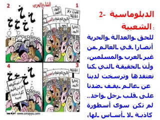 2-  الدبلوماسية الشعبية :  للحق والعدالة والحرية أنصارا في العالم من غير العرب والمسلمين، وأن الحقيقة التي كنا نعتقدها وترسخت لدينا عن عالم يقف ضدنا على قلب رجل واحد ..  لم تكن سوى أسطورة كاذبة لا أساس لها، وأننا ضحية لجهلنا بالعالم بأكثر مما نحن ضحية لعداوته لنا، والجاهل في الحقيقة أكبر عدو لنفسه .   