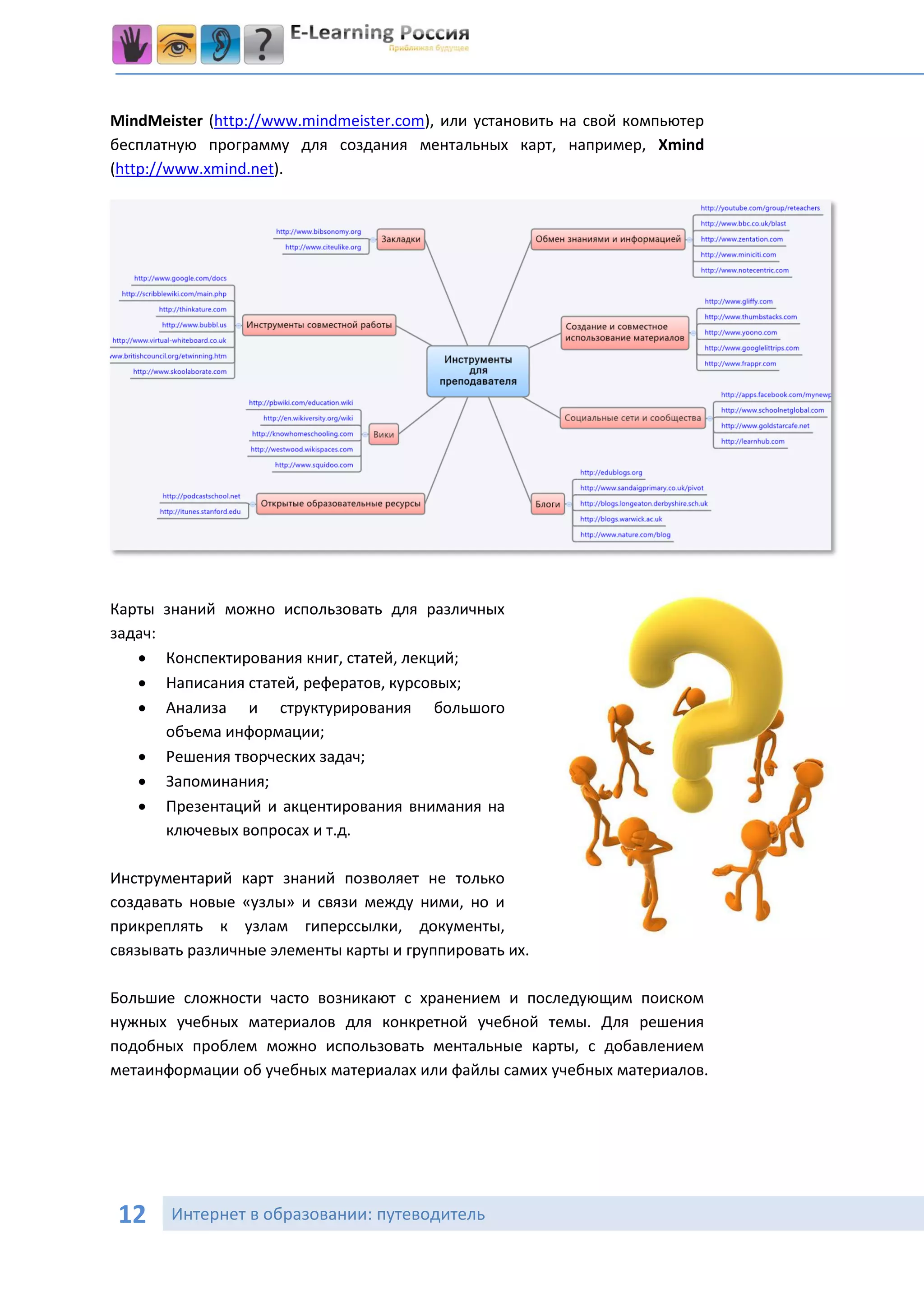 MindMeister (http://www.mindmeister.com), или установить на свой компьютер
бесплатную программу для создания ментальных карт, например, Xmind
(http://www.xmind.net).




Карты    знаний можно использовать для различных
задач:
        Конспектирования книг, статей, лекций;
        Написания статей, рефератов, курсовых;
        Анализа и структурирования большого
         объема информации;
        Решения творческих задач;
        Запоминания;
        Презентаций и акцентирования внимания на
         ключевых вопросах и т.д.

Инструментарий карт знаний позволяет не только
создавать новые «узлы» и связи между ними, но и
прикреплять к узлам гиперссылки, документы,
связывать различные элементы карты и группировать их.

Большие сложности часто возникают с хранением и последующим поиском
нужных учебных материалов для конкретной учебной темы. Для решения
подобных проблем можно использовать ментальные карты, с добавлением
метаинформации об учебных материалах или файлы самих учебных материалов.




 12      Интернет в образовании: путеводитель
 