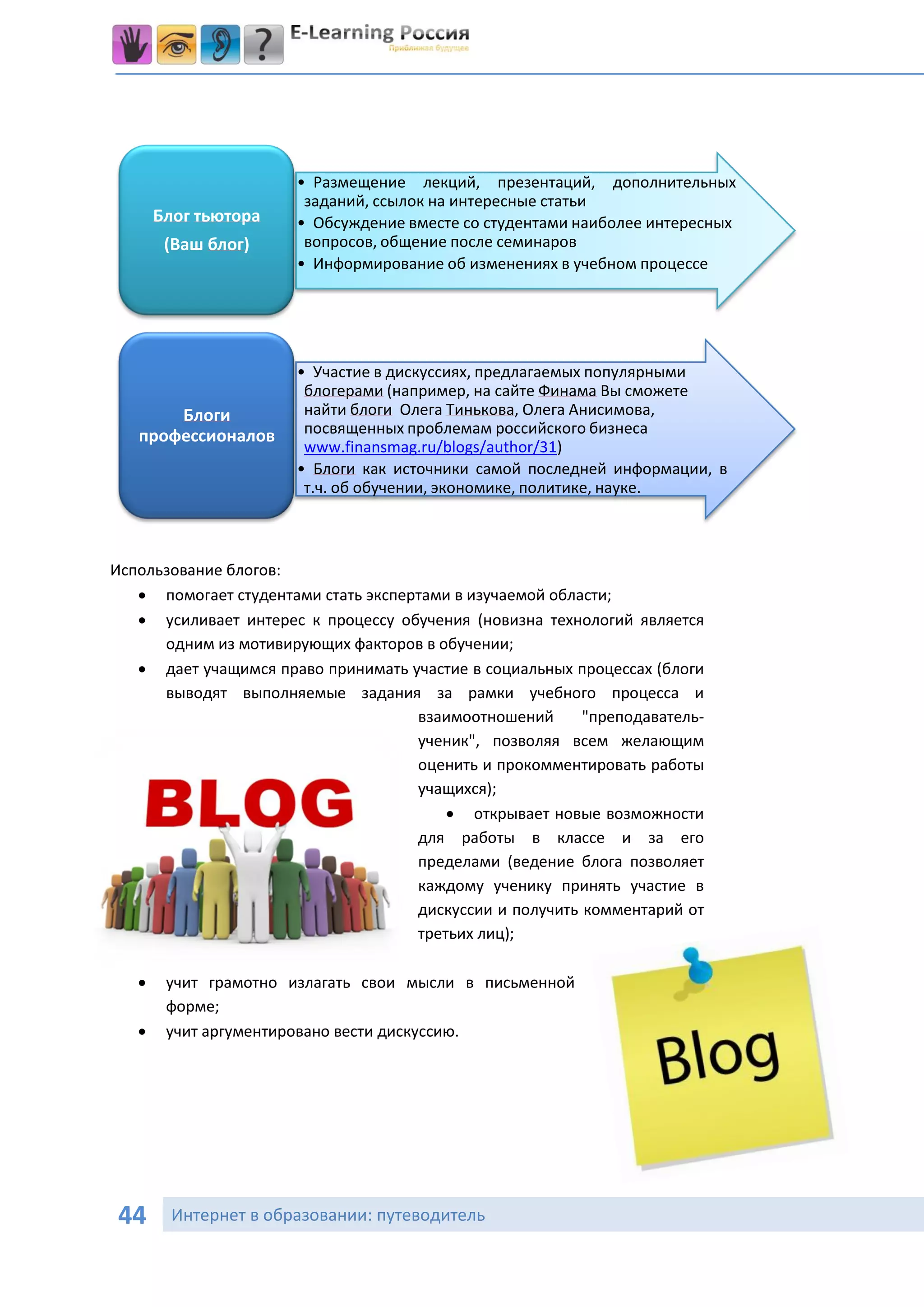 • Размещение лекций, презентаций, дополнительных
                        заданий, ссылок на интересные статьи
       Блог тьютора    • Обсуждение вместе со студентами наиболее интересных
        (Ваш блог)      вопросов, общение после семинаров
                       • Информирование об изменениях в учебном процессе




                       • Участие в дискуссиях, предлагаемых популярными
                        блогерами (например, на сайте Финама Вы сможете
       Блоги            найти блоги Олега Тинькова, Олега Анисимова,
   профессионалов       посвященных проблемам российского бизнеса
                        www.finansmag.ru/blogs/author/31)
                       • Блоги как источники самой последней информации, в
                        т.ч. об обучении, экономике, политике, науке.



Использование блогов:
    помогает студентами стать экспертами в изучаемой области;
    усиливает интерес к процессу обучения (новизна технологий является
      одним из мотивирующих факторов в обучении;
    дает учащимся право принимать участие в социальных процессах (блоги
      выводят выполняемые задания за рамки учебного процесса и
                                     взаимоотношений      "преподаватель-
                                     ученик", позволяя всем желающим
                                     оценить и прокомментировать работы
                                     учащихся);
                                          открывает новые возможности
                                     для работы в классе и за его
                                     пределами (ведение блога позволяет
                                     каждому ученику принять участие в
                                     дискуссии и получить комментарий от
                                     третьих лиц);

       учит грамотно излагать свои мысли в письменной
        форме;
       учит аргументировано вести дискуссию.




44       Интернет в образовании: путеводитель
 