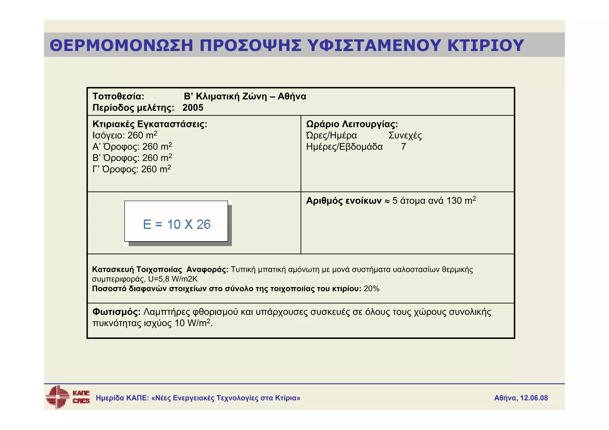 ΘΕΡΜΟΜΟΝΩΣΗ ΠΡΟΣΟΨΗΣ ΥΦΙΣΤΑΜΕΝΟΥ ΚΤΙΡΙΟΥ


   Τοποθεσία:        Β’ Κλιματική Ζώνη – Αθήνα
   Περίοδος μελέτης: 2005
   Κτιριακές Εγκαταστάσεις:                                  Ωράριο Λειτουργίας:
   Ισόγειο: 260 m2                                           Ώρες/Ημέρα       Συνεχές
   Α’ Όροφος: 260 m2                                         Ημέρες/Εβδομάδα     7
   Β’ Όροφος: 260 m2
   Γ’ Όροφος: 260 m2


                                                             Αριθμός ενοίκων ≈ 5 άτομα ανά 130 m2




   Κατασκευή Τοιχοποιίας Αναφοράς: Τυπική μπατική αμόνωτη με μονά συστήματα υαλοστασίων θερμικής
   συμπεριφοράς, U=5,8 W/m2K
   Ποσοστό διαφανών στοιχείων στο σύνολο της τοιχοποιίας του κτιρίου: 20%

   Φωτισμός: Λαμπτήρες φθορισμού και υπάρχουσες συσκευές σε όλους τους χώρους συνολικής
   πυκνότητας ισχύος 10 W/m2.




   Ημερίδα ΚΑΠΕ: «Νέες Ενεργειακές Τεχνολογίες στα Κτίρια»                                          Αθήνα, 12.06.08
 