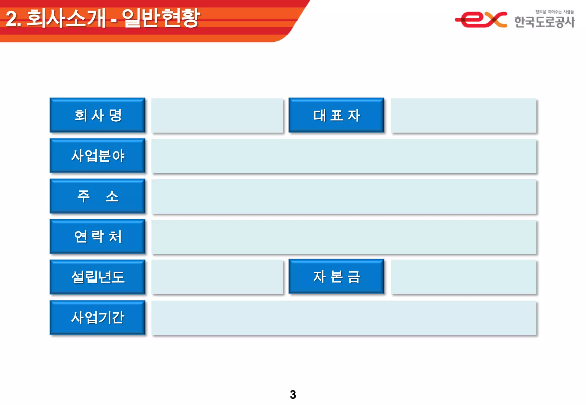 2. 회사소개 - 일반현황회 사 명대 표 자사업분야주    소연 락 처자 본 금설립년도사업기간3