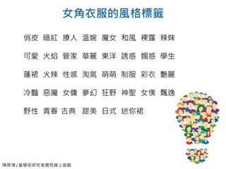 陳昇瑋 / 當學術研究者遇見線上遊戲
女角衣服的風格標籤
俏皮 暗紅 撩人 溫婉 魔女 和風 裸露 辣妹
可愛 火焰 管家 華麗 東洋 誘惑 媚惑 學生
蓬裙 火辣 性感 淘氣 萌萌 制服 彩衣 艷麗
冷豔 惡魔 女傭 夢幻 狂野 神聖 女僕 飄逸
野性 青春 古典 甜美 日式 迷你裙
 