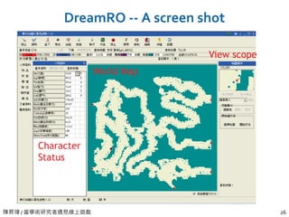 陳昇瑋 / 當學術研究者遇見線上遊戲 26
DreamRO -- A screen shot
World Map
View scope
Character
Status
 