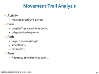陳昇瑋 / 當學術研究者遇見線上遊戲 51
Movement Trail Analysis
Activity
mean/sd of ON/OFF periods
Pace
speed/offset in each time period
teleportation frequency
Path
linger frequency/length
smoothness
detourness
Turn
frequency of mild turn, U-turn, …
 