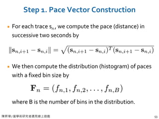 陳昇瑋 / 當學術研究者遇見線上遊戲 53
Step 1. Pace Vector Construction
For each trace sn , we compute the pace (distance) in
successive two seconds by
We then compute the distribution (histogram) of paces
with a fixed bin size by
where B is the number of bins in the distribution.
 
