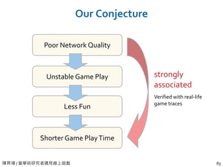 陳昇瑋 / 當學術研究者遇見線上遊戲 83
Our Conjecture
Poor Network Quality
Unstable Game Play
Less Fun
Shorter Game PlayTime
strongly
associated
Verified with real-life
game traces
 