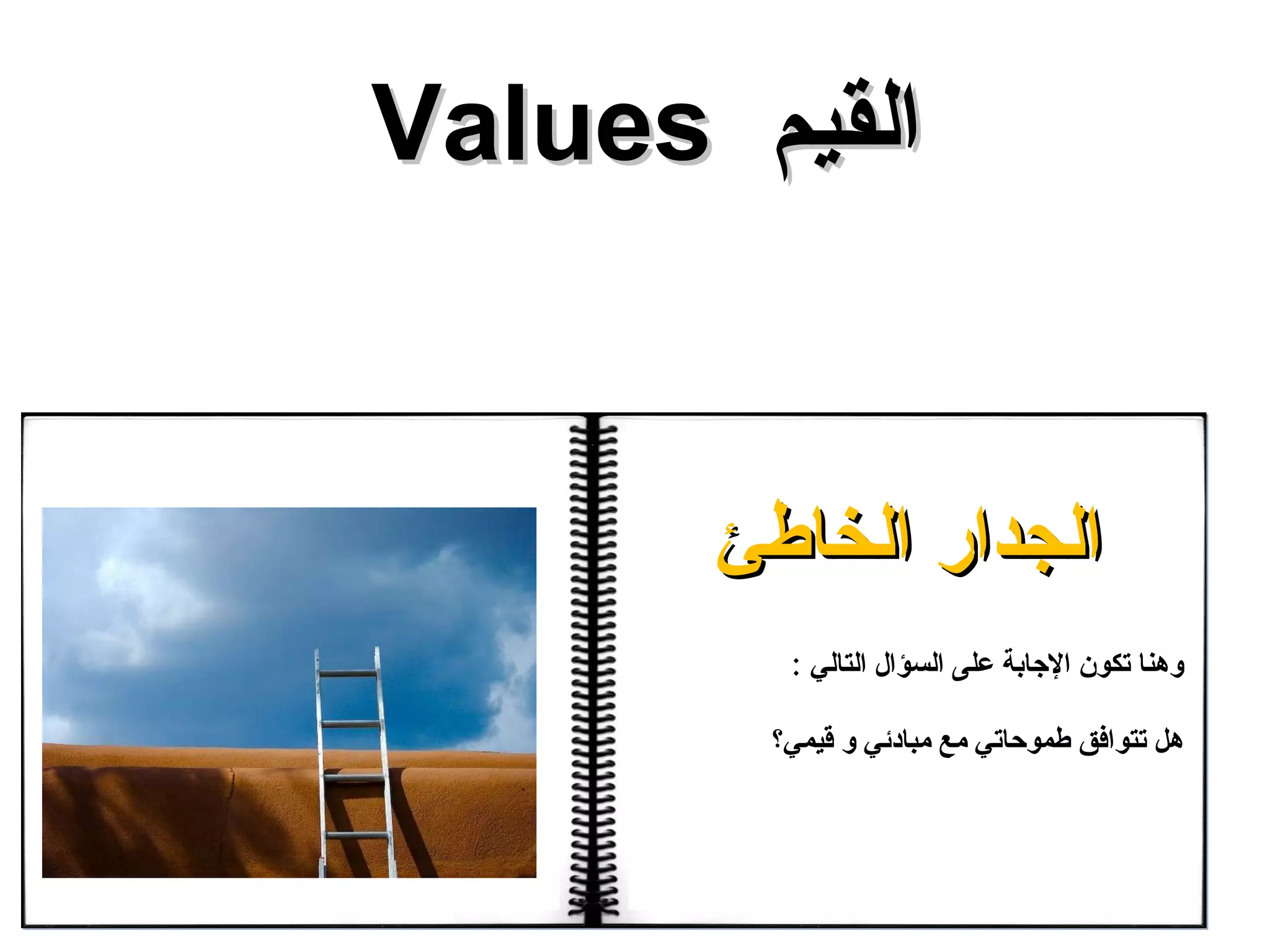 القيم  Values الجدار الخاطئ وهنا تكون الإجابة على السؤال التالي  : هل تتوافق طموحاتي مع مبادئي و قيمي؟ 