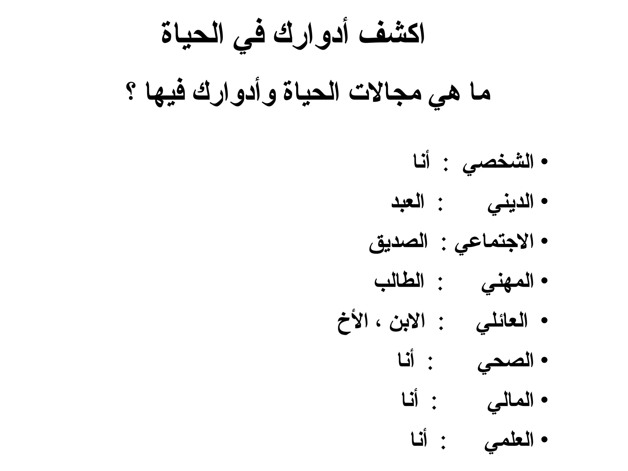 اكشف أدوارك في الحياة ما هي  مجالات الحياة وأدوارك فيها  ؟ الشخصي  :  أنا الديني  :  العبد الاجتماعي  :  الصديق المهني  :  الطالب العائلي  :  الابن ، الأخ الصحي  :  أنا  المالي  :  أنا العلمي  :  أنا 