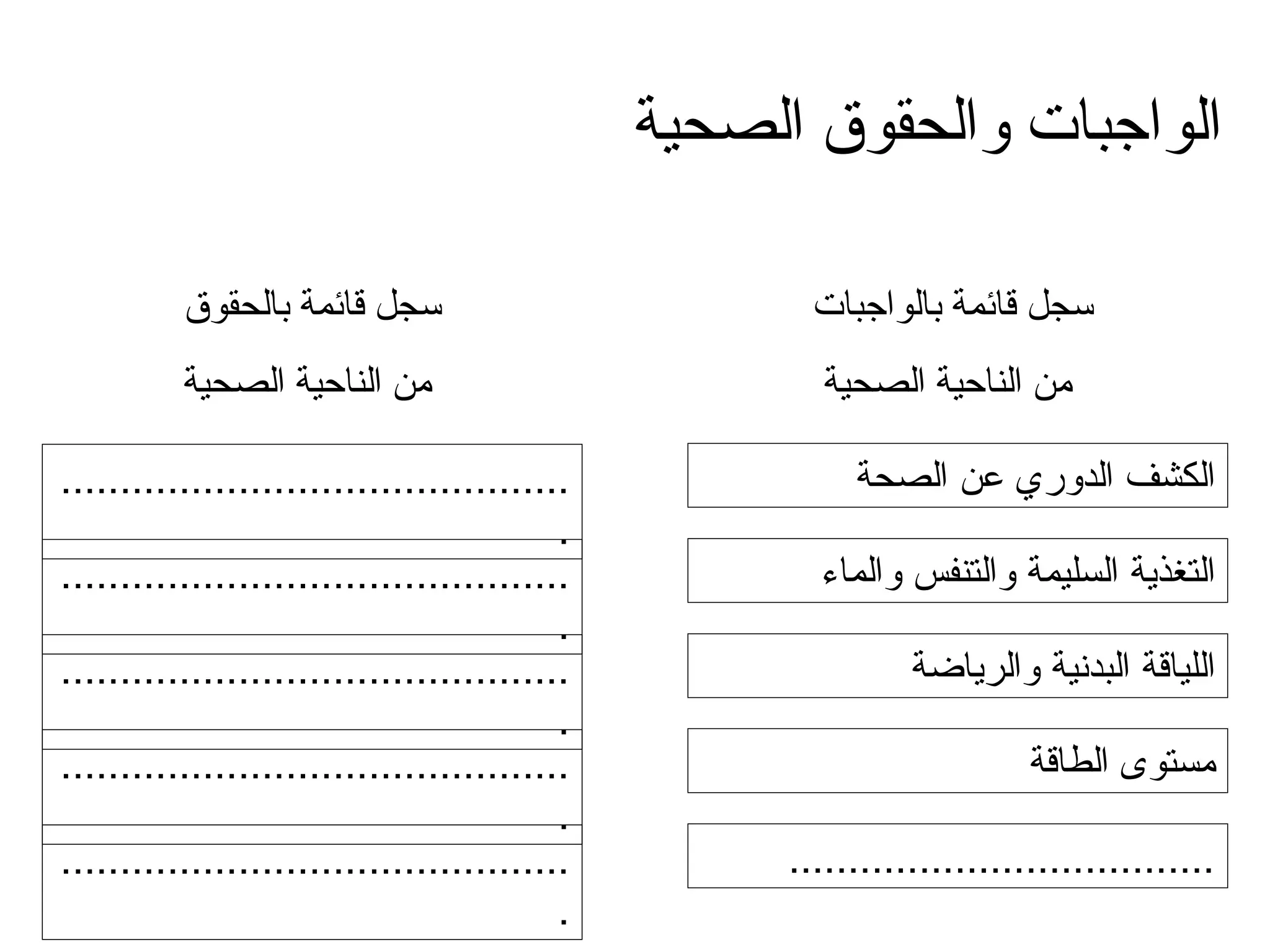 الواجبات والحقوق الصحية سجل قائمة بالواجبات  من الناحية الصحية الكشف الدوري عن الصحة التغذية السليمة والتنفس والماء اللياقة البدنية والرياضة مستوى الطاقة .................................... سجل قائمة بالحقوق  من الناحية الصحية ............................................ ............................................ ............................................ ............................................ ............................................ 