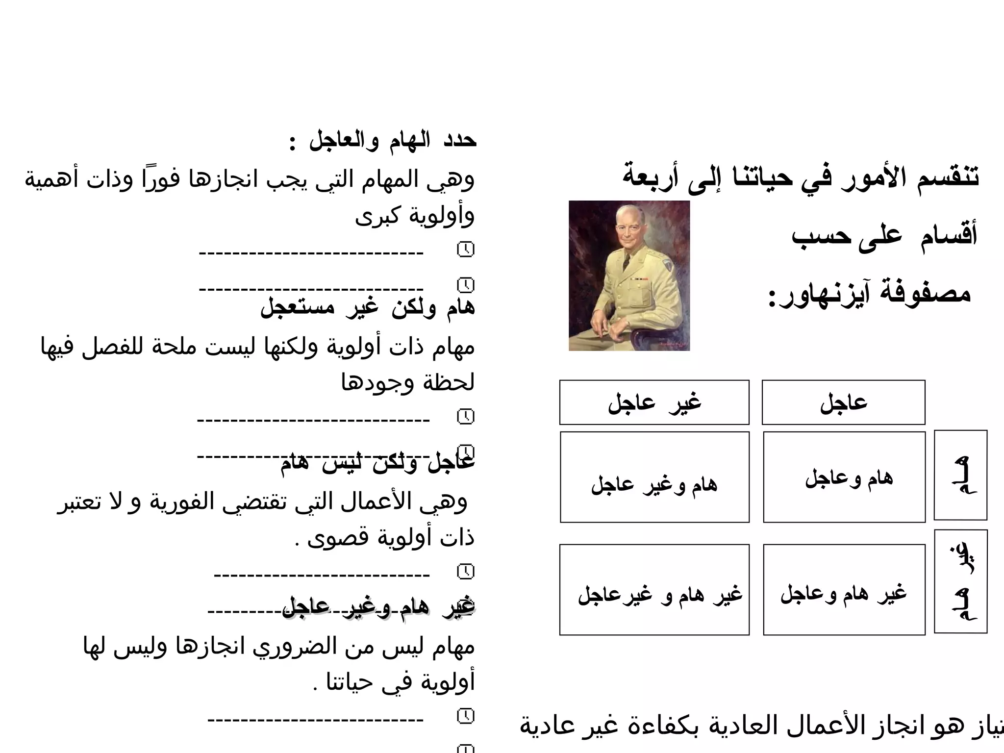 تنقسم الأمور في حياتنا  إلى  أربعة أقسام   على حسب مصفوفة آيزنهاور : غير عاجل عاجل هــام غير هـام هام وعاجل غير هام وعاجل هام وغير عاجل غير هام و غيرعاجل الامتياز هو انجاز الأعمال العادية بكفاءة غير عادية عاجل ولكن ليس هام وهي الأعمال التي تقتضي الفورية و لا تعتبر ذات أولوية قصوى  . --------------------------   --------------------------  حدد الهام والعاجل  : وهي المهام التي يجب انجازها فوراً وذات أهمية وأولوية كبرى ---------------------------   ---------------------------  هام ولكن غير مستعجل مهام ذات أولوية ولكنها ليست ملحة للفصل فيها لحظة وجودها  ----------------------------   ---------------------------- غير هام وغير عاجل مهام ليس من الضروري انجازها وليس لها أولوية في حياتنا  . --------------------------   --------------------------  