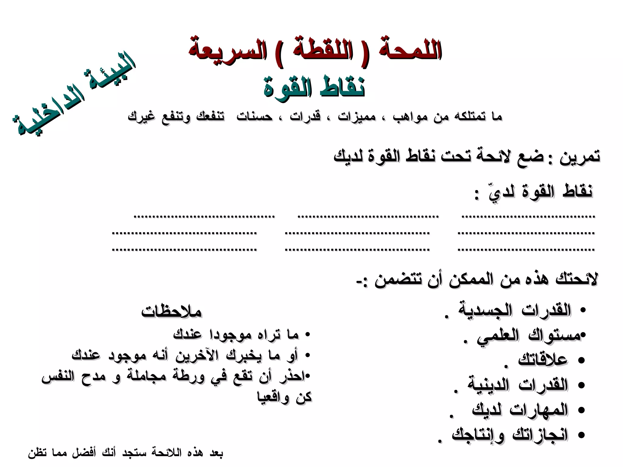 القدرات  الجسدية  . مستواك العلمي  . علاقاتك  . القدرات الدينية  . المهارات لديك  . انجازاتك و إنتاجك   .   بعد هذه اللائحة ستجد أنك أفضل مما تظن لائحتك هذه من الممكن أن تتضمن  :- نقاط القوة لديّ   : ....................................  ......................................  ...................................... ....................................  ......................................  ...................................... ....................................  ......................................  ...................................... تمرين  :   ضع لائحة تحت  نقاط القوة لديك  ملاحظات  ما تراه موجودا عندك  أو ما يخبرك الآخرين أنه موجود عندك احذر أن تقع في ورطة مجاملة و مدح النفس كن واقعيا ما تمتلكه من مواهب ، مميزات ، قدرات ، حسنات  تنفعك وتنفع غيرك اللمحة  (  اللقطة  )  السريعة   نقاط القوة البيئة الداخلية 